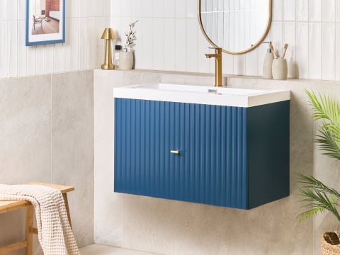 Dulap de baie - Mobilier suspendat pentru baie cu lavoar LAGO cu mâner auriu 80 cm Albastru închis