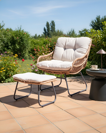 Fotoliu - MESTRE garden chair with stool Synthetic rattan Light beige
