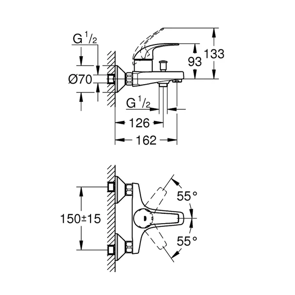 Baterie cada-dus monocomanda Grohe Baucurve crom lucios [2]