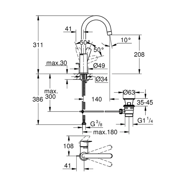 Baterie lavoar Grohe BauEdge New L crom gat de lebada [2]