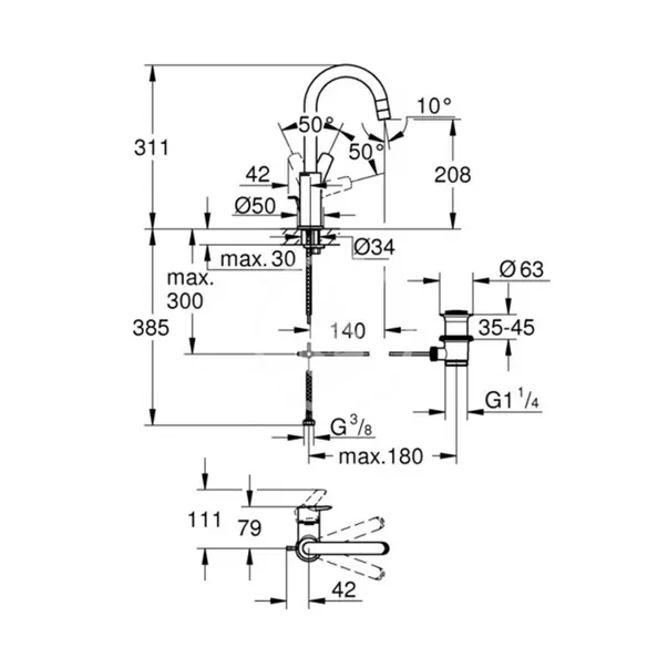 Baterie lavoar Grohe Start cu pipa pivotanta crom lucios [3]