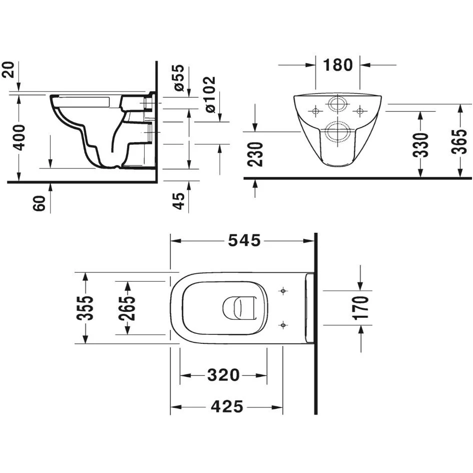 Vas WC suspendat Duravit D-Code Rimless 36x55 cm evacuare orizontala [4]
