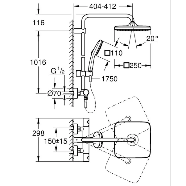 Coloana de dus Grohe Tempesta 250 Cube cu baterie termostatata crom lucios [6]