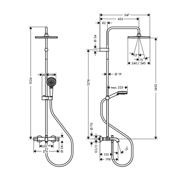 Coloana de dus cu baterie termostatata si pipa cada negru mat Hansgrohe Vernis Shape 240 [2]