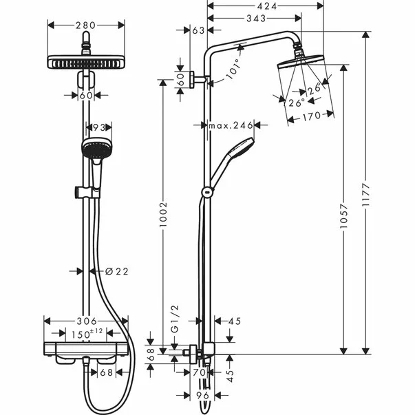Coloana de dus cu baterie termostatata Hansgrohe Croma E 280 EcoSmart cu 3 functii [3]