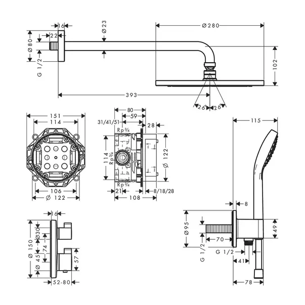 Sistem de dus incastrat Hansgrohe Croma 280 Ecostat S crom lucios [7]