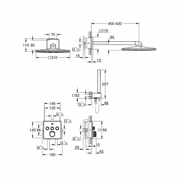 Sistem de dus Grohe SmartControl 3 iesiri incastrat patrat fara termostat [3]
