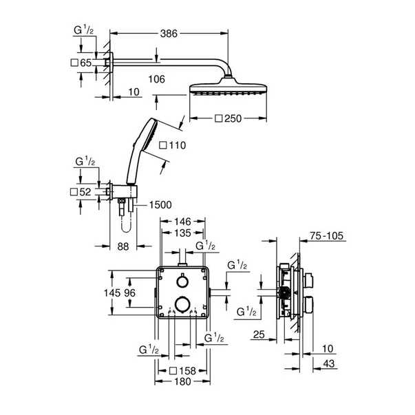 Sistem de dus incastrat Grohe Precision cu palarie patrata Vitalio Comfort 250 negru mat [6]