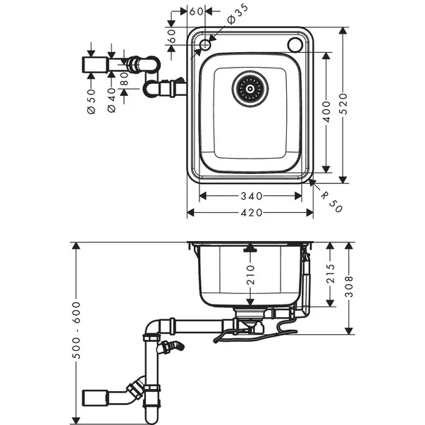 Chiuveta bucatarie Hansgrohe S41 inox 42x52 cm [2]
