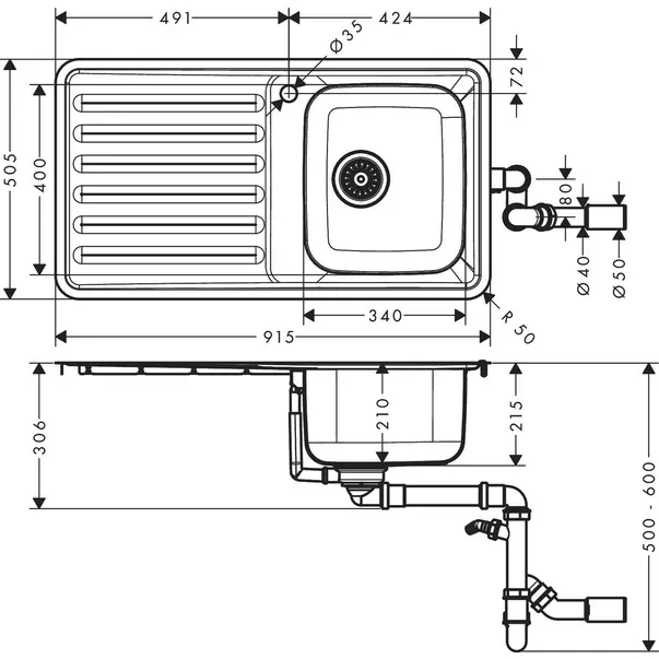 Chiuveta bucatarie Hansgrohe S41 inox 91.5x50.5 cm [2]