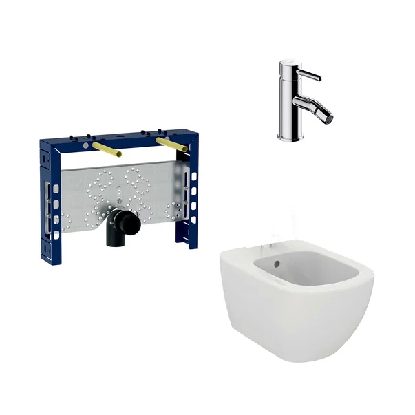 Bideuri suspendate - Pachet rama instalare Geberit Kombifix, bideu suspendat Ideal Standard Tesi alb si baterie bideu Omnires Y crom