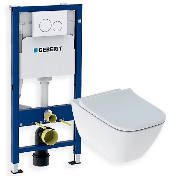 Obiecte Sanitare - Set promo vas wc suspendat + capac slim softclose Geberit Smyle Square + rezervor incastrat cu sitem de fixare + clapeta alba Geberit Duofix Delta