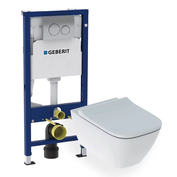 Obiecte Sanitare - Set promo vas wc suspendat + capac slim softclose Geberit Smyle Square + rezervor incastrat cu sistem de fixare + clapeta crom Geberit Duofix Delta