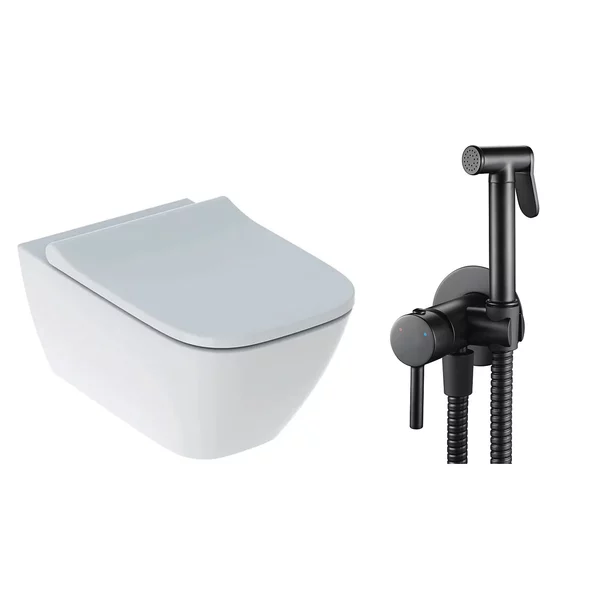 Obiecte Sanitare - Pachet vas wc suspendat Geberit Smyle, capac softclose si set dus igiena intima negru cu baterie incastrata Rea Loop