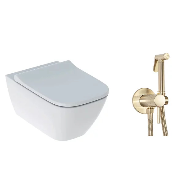 Obiecte Sanitare - Pachet vas wc suspendat Geberit Smyle, capac softclose si set dus igiena intima auriu cu baterie incastrata Rea Loop