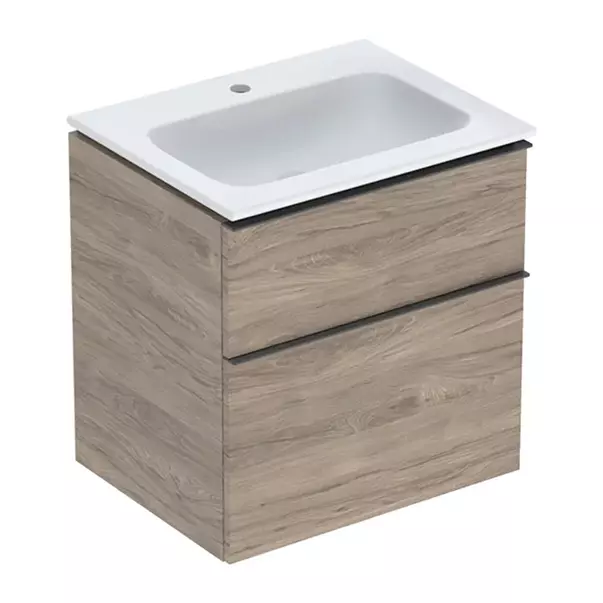 Mobilier Baie - Set dulap baza suspendat Geberit iCon finisaj nuc Hickory 2 sertare si lavoar alb 60 cm