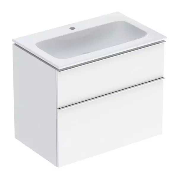 Seturi de mobilier si lavoar - Set dulap baza suspendat Geberit iCon alb lucios 2 sertare maner crom si lavoar 75 cm