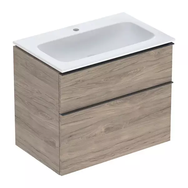 Seturi de mobilier si lavoar - Set dulap baza suspendat Geberit iCon finisaj nuc Hickory 2 sertare si lavoar 75 cm alb