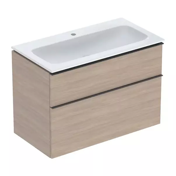 Seturi de mobilier si lavoar - Set dulap baza suspendat Geberit iCon finisaj stejar 2 sertare si lavoar 90 cm alb