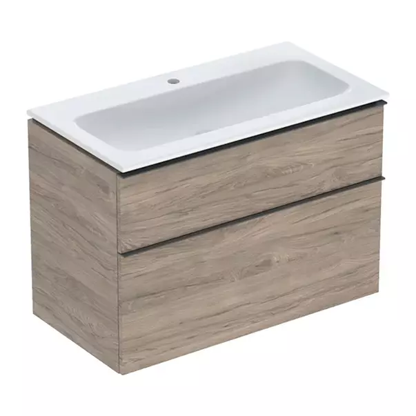 Seturi de mobilier si lavoar - Set dulap baza suspendat Geberit iCon finisaj nuc Hickory 2 sertare si lavoar 90 cm alb