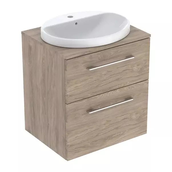 Seturi de mobilier si lavoar - Set dulap baza suspendat Geberit Selnova Square finisaj nuc american Hickory 2 sertare si lavoar 60 cm