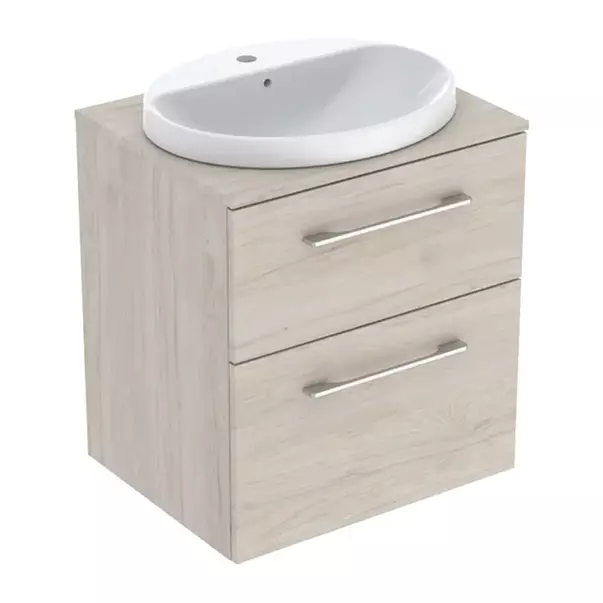Seturi de mobilier si lavoar - Set dulap baza suspendat Geberit Selnova Square finisaj nuc american Hickory deschis 2 sertare si lavoar 60 cm