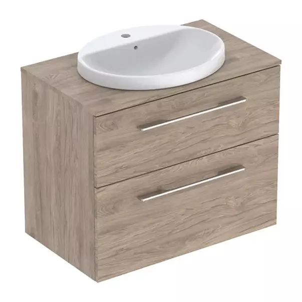 Seturi de mobilier si lavoar - Set dulap baza suspendat Geberit Selnova Square finisaj nuc american Hickory 2 sertare si lavoar 80 cm