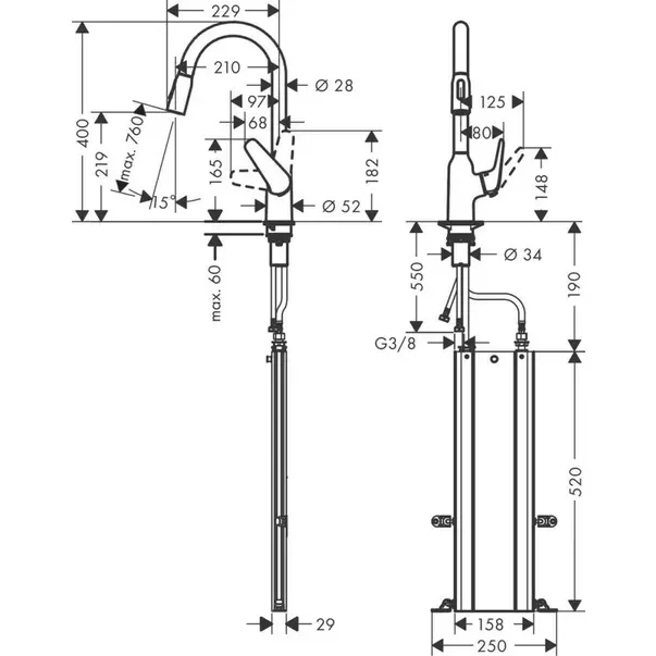 Baterie bucatarie cu dus extractibil crom periat Hansgrohe Focus M42 220 sBox cu 2 jeturi [2]