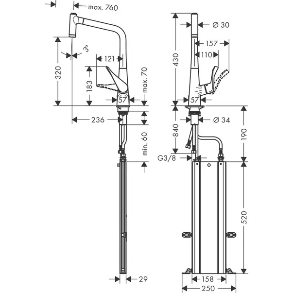 Baterie bucatarie cu dus extractibil Hansgrohe Metris M71 320 cu 2 jeturi 73801000 [2]