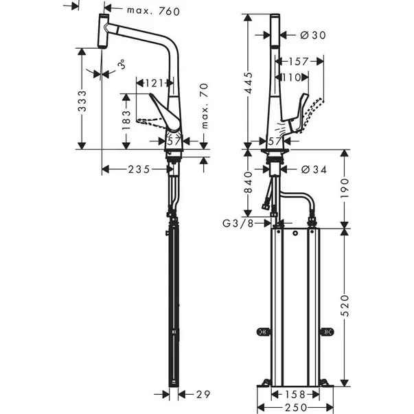 Baterie bucatarie cu dus extractibil crom periat Hansgrohe Metris M71 320 sBox cu 1 jet [2]
