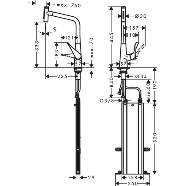 Baterie bucatarie cu dus extractibil crom periat Hansgrohe Metris M71 320 cu 2 jeturi [2]
