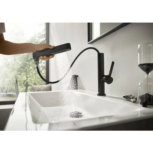 Baterie lavoar Hansgrohe Finoris 230 cu dus extractibil, 2 jeturi si ventil Push-Open negru mat [4]