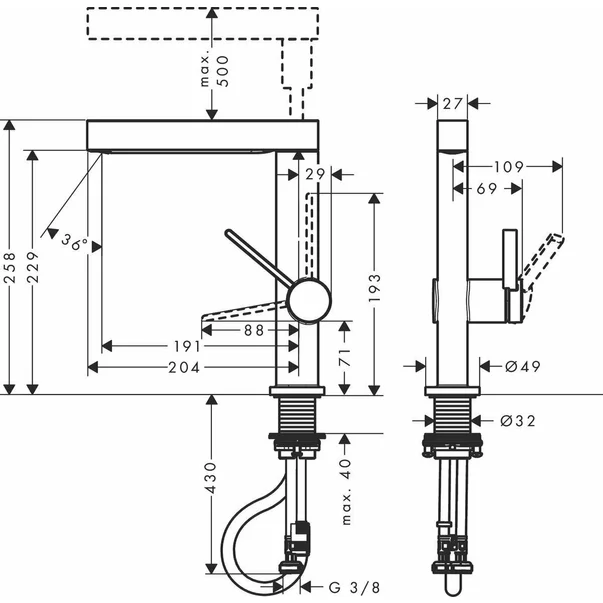 Baterie lavoar Hansgrohe Finoris 230 cu dus extractibil, 2 jeturi si ventil Push-Open negru mat [5]