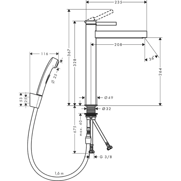 Baterie lavoar inalta Hansgrohe Finoris 260 cu dus igienic si ventil Push-Open crom [2]