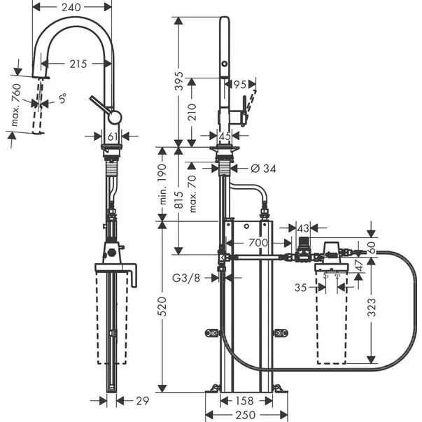 Baterie bucatarie cu dus extractibil si filtru de apa Hansgrohe Aquno Select M91 210 sBox cu 1 jet [2]