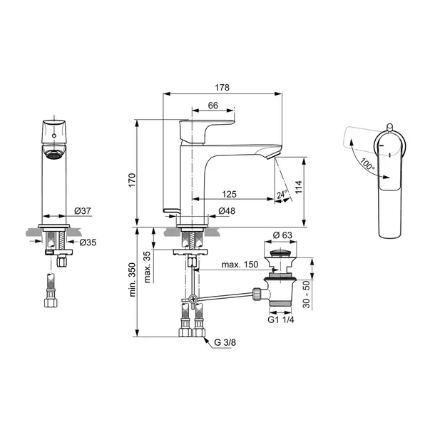Baterie lavoar tip Grande Ideal Standard Connect Air BlueStart argintiu Silver Storm cu ventil metalic [5]