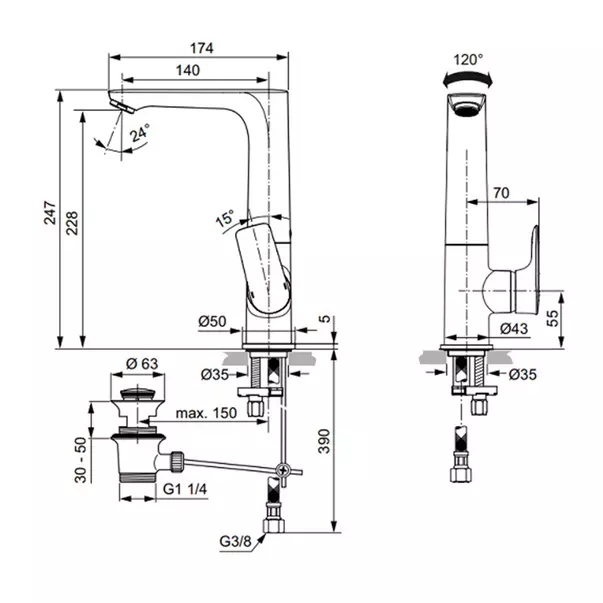Baterie lavoar inalta Ideal Standard Connect Air gri Magnetic Grey cu ventil si pipa rotativa [4]
