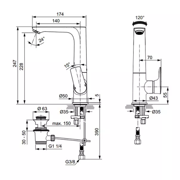 Baterie lavoar inalta Ideal Standard Connect Air argintiu Silver Storm cu ventil si pipa rotativa [4]
