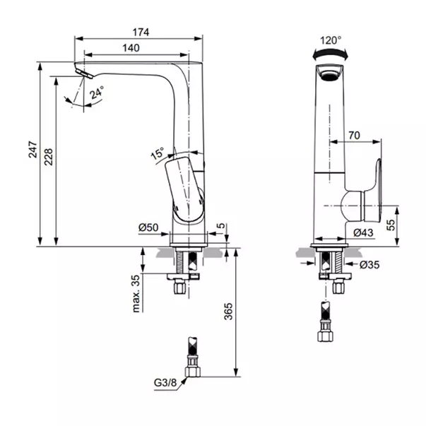 Baterie lavoar inalta Ideal Standard Connect Air argintiu Silver Storm cu pipa rotativa [4]