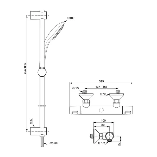 Baterie dus termostatata Ideal Standard Ceratherm T25 crom lucios cu set de dus cu bara 90 cm [7]