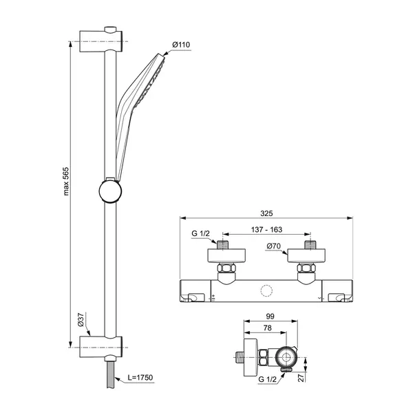 Baterie dus termostatata Ideal Standard Ceratherm T50 crom lucios cu set de dus cu bara 60 cm [8]