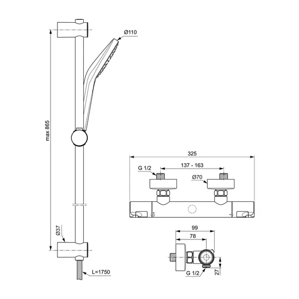 Baterie dus termostatata Ideal Standard Ceratherm T50 crom lucios cu set de dus cu bara 90 cm [9]