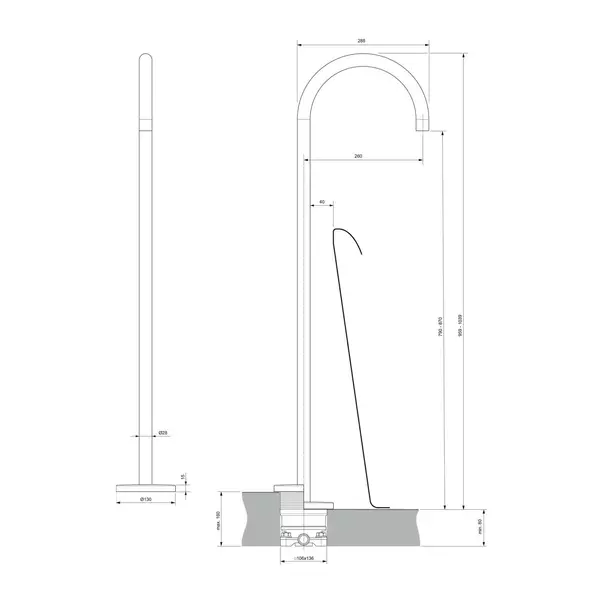 Pipa cada freestanding Ideal Standard Atelier Joy argintiu Silver Storm cu corp ingropat [11]