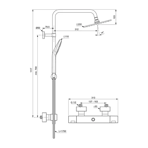 Coloana de dus cu termostat Ideal Standard Ceratherm C100 crom palarie 1 functie [8]