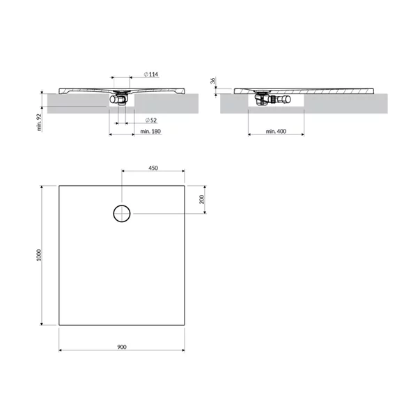 Cadita de dus compozit Omnires AquaRock M+ dreptunghiulara gri cenusiu mat 90x100 cm [3]
