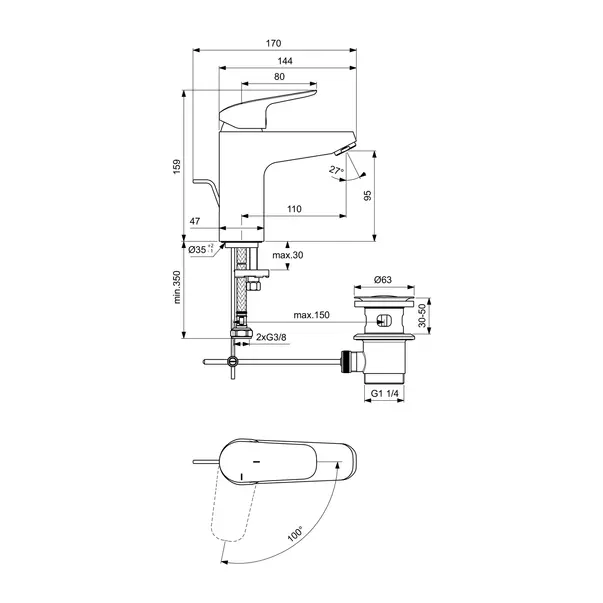 Baterie lavoar tip Grande Ideal Standard Ceraflex BlueStart crom lucios cu ventil Pop-Up [8]