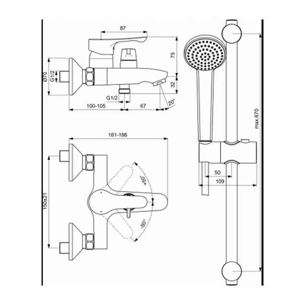 Baterie cada - dus Ideal Standard Alpha crom monocomanda cu set de dus [2]