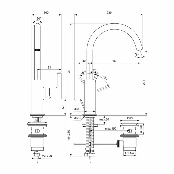 Baterie lavoar inalta Ideal Standard Atelier Joy cu ventil Pop-Up auriu periat [7]