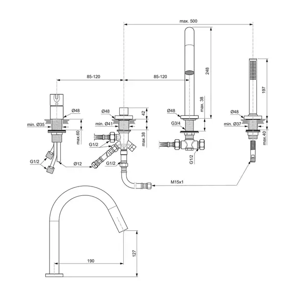 Baterie cada - dus Ideal Standard Atelier Joy auriu periat cu 4 elemente [10]