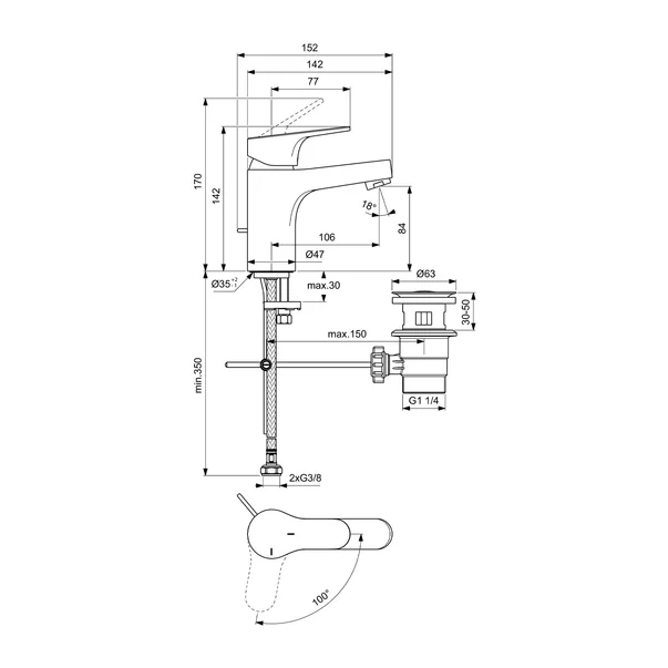 Baterie lavoar Ideal Standard Cerabase H80 BlueStart crom lucios cu ventil Pop-Up [3]